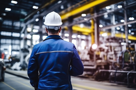 Rear view of Caucasian male engineer wearing safety vest and hardhat standing in warehouse. This is a freight transportation and distribution warehouse. Industrial and industrial workers conceptの素材