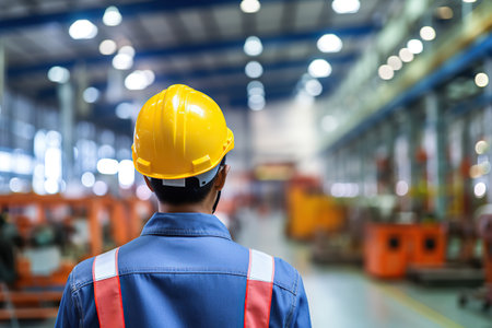 Rear view of Caucasian male engineer wearing safety vest and hardhat standing in warehouse. This is a freight transportation and distribution warehouse. Industrial and industrial workers conceptの素材