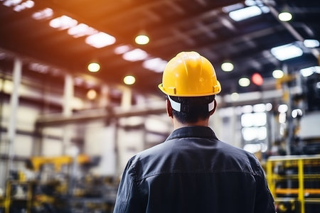 Rear view of Caucasian male engineer wearing safety vest and hardhat standing in warehouse. This is a freight transportation and distribution warehouse. Industrial and industrial workers conceptの素材