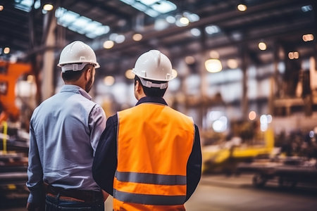 Rear view of Caucasian male engineer wearing safety vest and hardhat standing in warehouse. This is a freight transportation and distribution warehouse. Industrial and industrial workers conceptの素材