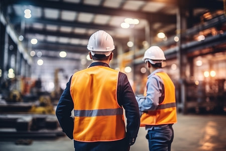 Rear view of Caucasian male engineer wearing safety vest and hardhat standing in warehouse. This is a freight transportation and distribution warehouse. Industrial and industrial workers conceptの素材