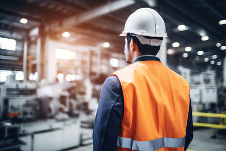 Rear view of Caucasian male engineer wearing safety vest and hardhat standing in warehouse. This is a freight transportation and distribution warehouse. Industrial and industrial workers conceptの素材