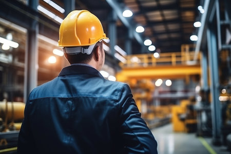 Rear view of Caucasian male engineer wearing safety vest and hardhat standing in warehouse. This is a freight transportation and distribution warehouse. Industrial and industrial workers conceptの素材