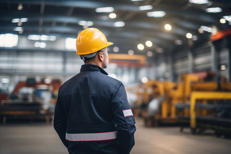 Rear view of Caucasian male engineer wearing safety vest and hardhat standing in warehouse. This is a freight transportation and distribution warehouse. Industrial and industrial workers conceptの素材