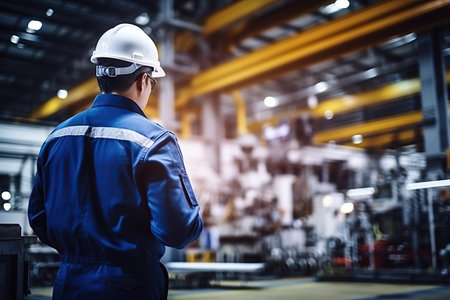 Rear view of Caucasian male engineer wearing safety vest and hardhat standing in warehouse. This is a freight transportation and distribution warehouse. Industrial and industrial workers conceptの素材