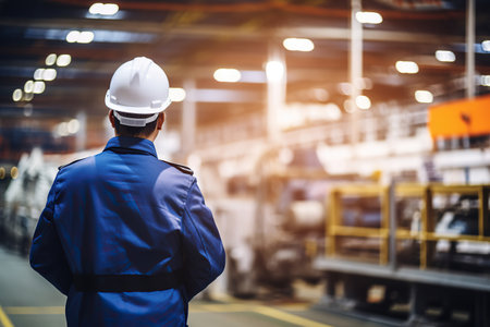 Rear view of Caucasian male engineer wearing safety vest and hardhat standing in warehouse. This is a freight transportation and distribution warehouse. Industrial and industrial workers conceptの素材