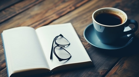 Coffee cup and notebook on wooden table. Top view with copy spaceの素材