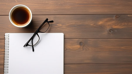 Coffee cup and notebook on wooden table. Top view with copy spaceの素材