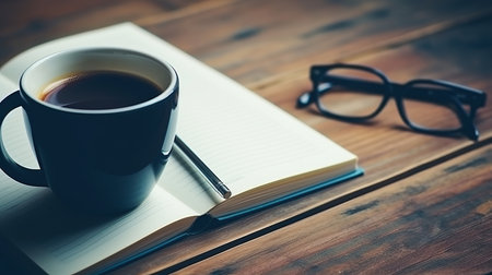Coffee cup and notebook on wooden table. Top view with copy spaceの素材