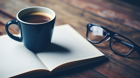 Coffee cup and notebook on wooden table. Top view with copy spaceの素材