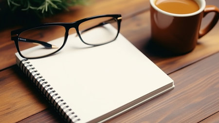 Coffee cup and notebook on wooden table. Top view with copy spaceの素材