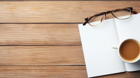 Coffee cup and notebook on wooden table. Top view with copy spaceの素材