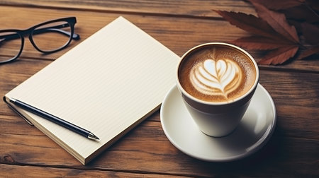 Coffee cup and notebook on wooden table. Top view with copy spaceの素材