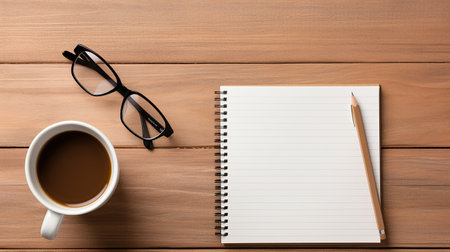 Coffee cup and notebook on wooden table. Top view with copy spaceの素材