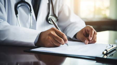 Close-up of male doctor filling up medical form while sitting at his working place. Healthcare and medical conceptの素材