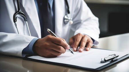Close-up of male doctor filling up medical form while sitting at his working place. Healthcare and medical conceptの素材