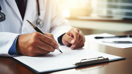 Close-up of male doctor filling up medical form while sitting at his working place. Healthcare and medical conceptの素材