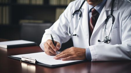 Close-up of male doctor filling up medical form while sitting at his working place. Healthcare and medical conceptの素材