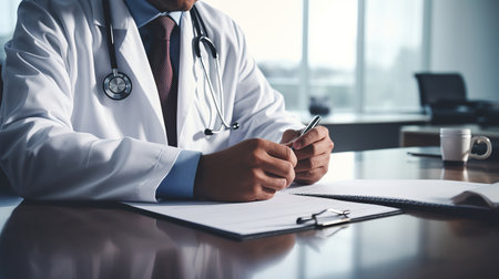 Close-up of male doctor filling up medical form while sitting at his working place. Healthcare and medical conceptの素材