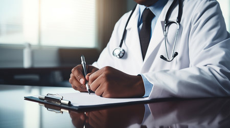 Close-up of male doctor filling up medical form while sitting at his working place. Healthcare and medical conceptの素材