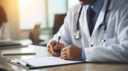 Close-up of male doctor filling up medical form while sitting at his working place. Healthcare and medical conceptの素材