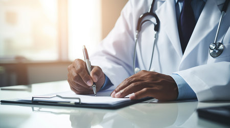 Close-up of male doctor filling up medical form while sitting at his working place. Healthcare and medical conceptの素材