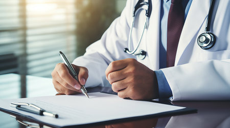 Close-up of male doctor filling up medical form while sitting at his working place. Healthcare and medical conceptの素材