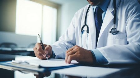 Close-up of male doctor filling up medical form while sitting at his working place. Healthcare and medical conceptの素材