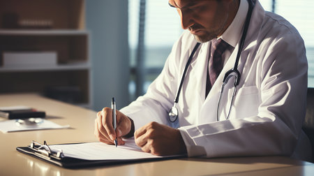 Close-up of male doctor filling up medical form while sitting at his working place. Healthcare and medical conceptの素材