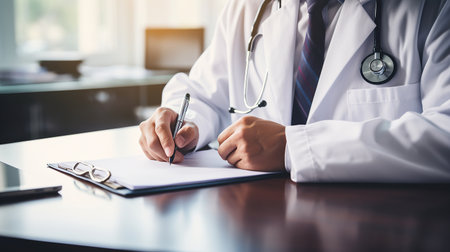 Close-up of male doctor filling up medical form while sitting at his working place. Healthcare and medical conceptの素材