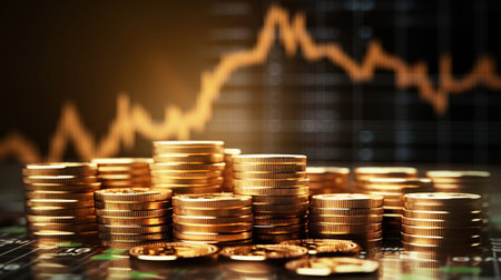 Investment concept, Coins stack on dark background, business growth graphの素材