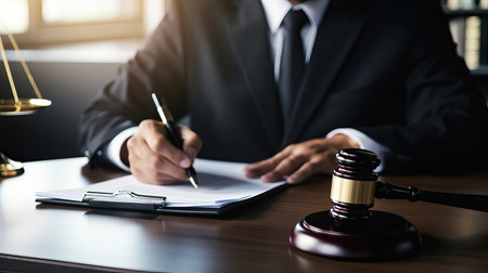 Male lawyer or judge working with contract papers in courtroom, Law and Legal services conceptの素材