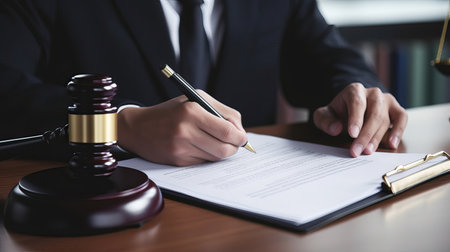 Male lawyer or judge working with contract papers in courtroom, Law and Legal services conceptの素材