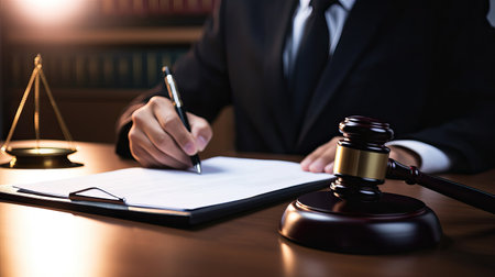 Male lawyer or judge working with contract papers in courtroom, Law and Legal services conceptの素材