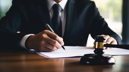 Male lawyer or judge working with contract papers in courtroom, Law and Legal services conceptの素材