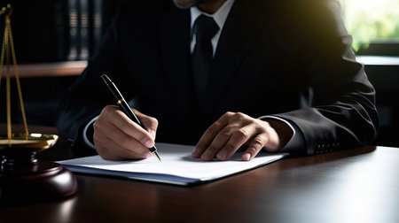 Male lawyer or judge working with contract papers in courtroom, Law and Legal services conceptの素材