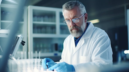 Serious scientist working with microscope in laboratory. Confident mature man in white coat and blue gloves looking at camera while doing research in scientific research laboratoryの素材