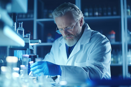 Serious scientist working with microscope in laboratory. Confident mature man in white coat and blue gloves looking at camera while doing research in scientific research laboratoryの素材