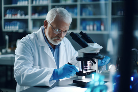 Serious scientist working with microscope in laboratory. Confident mature man in white coat and blue gloves looking at camera while doing research in scientific research laboratoryの素材