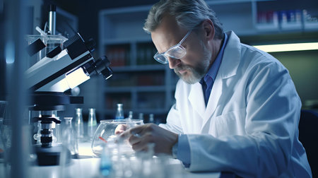 Serious scientist working with microscope in laboratory. Confident mature man in white coat and blue gloves looking at camera while doing research in scientific research laboratoryの素材
