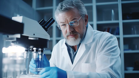Serious scientist working with microscope in laboratory. Confident mature man in white coat and blue gloves looking at camera while doing research in scientific research laboratoryの素材