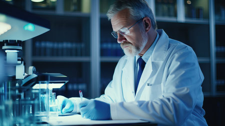 Serious scientist working with microscope in laboratory. Confident mature man in white coat and blue gloves looking at camera while doing research in scientific research laboratoryの素材