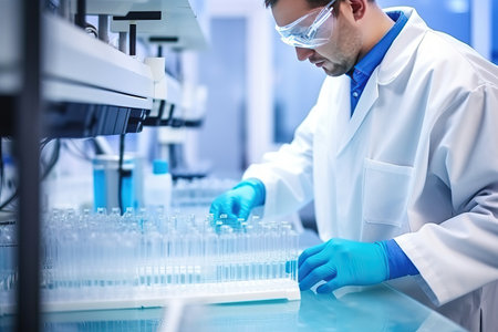 Serious scientist working with microscope in laboratory. Confident mature man in white coat and blue gloves looking at camera while doing research in scientific research laboratoryの素材