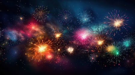 Colorful fireworks and celebration cityscape at night. New Year and Christmas conceptの素材