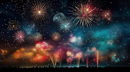 Colorful fireworks and celebration cityscape at night. New Year and Christmas conceptの素材