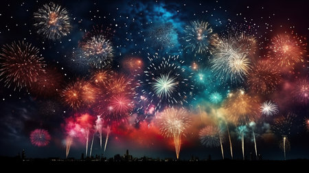 Colorful fireworks and celebration cityscape at night. New Year and Christmas conceptの素材