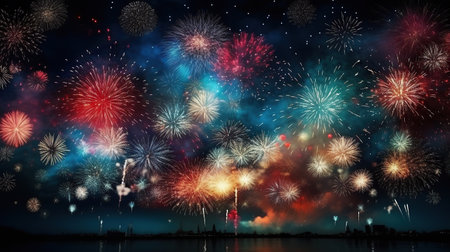 Colorful fireworks and celebration cityscape at night. New Year and Christmas conceptの素材