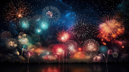 Colorful fireworks and celebration cityscape at night. New Year and Christmas conceptの素材
