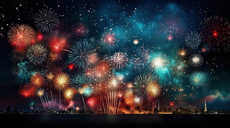 Colorful fireworks and celebration cityscape at night. New Year and Christmas conceptの素材