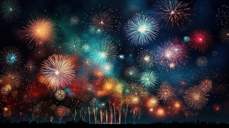 Colorful fireworks and celebration cityscape at night. New Year and Christmas conceptの素材